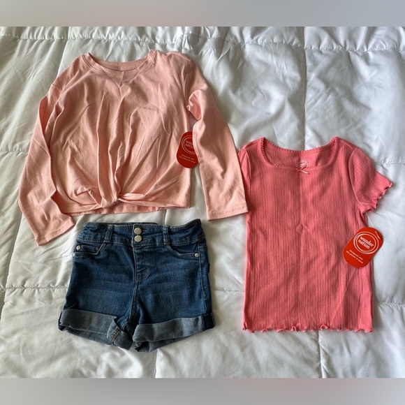 Bundle Pink Long Sleeve and Coral Short Sleeve Kids Tops - Picture 1 of 10